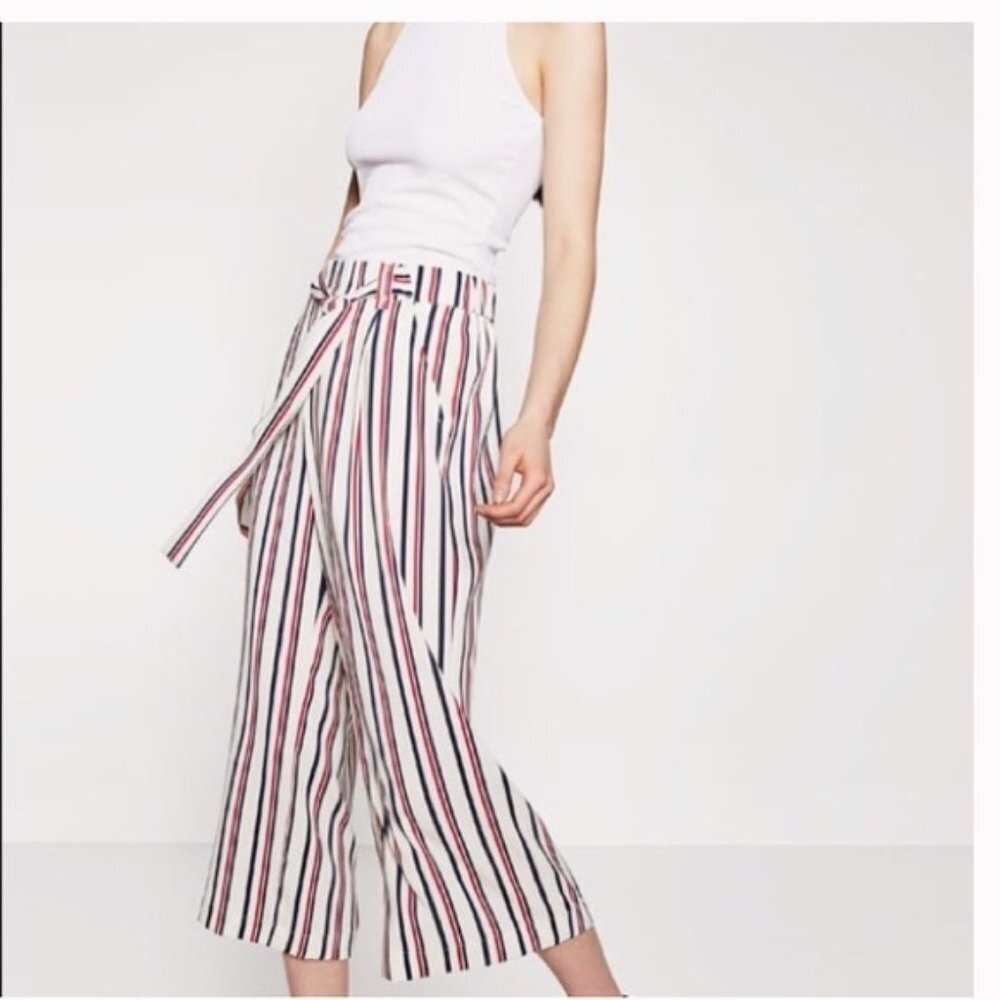 Zara > Red White and Blue Pinstripe Trouser with Belt Tie Small